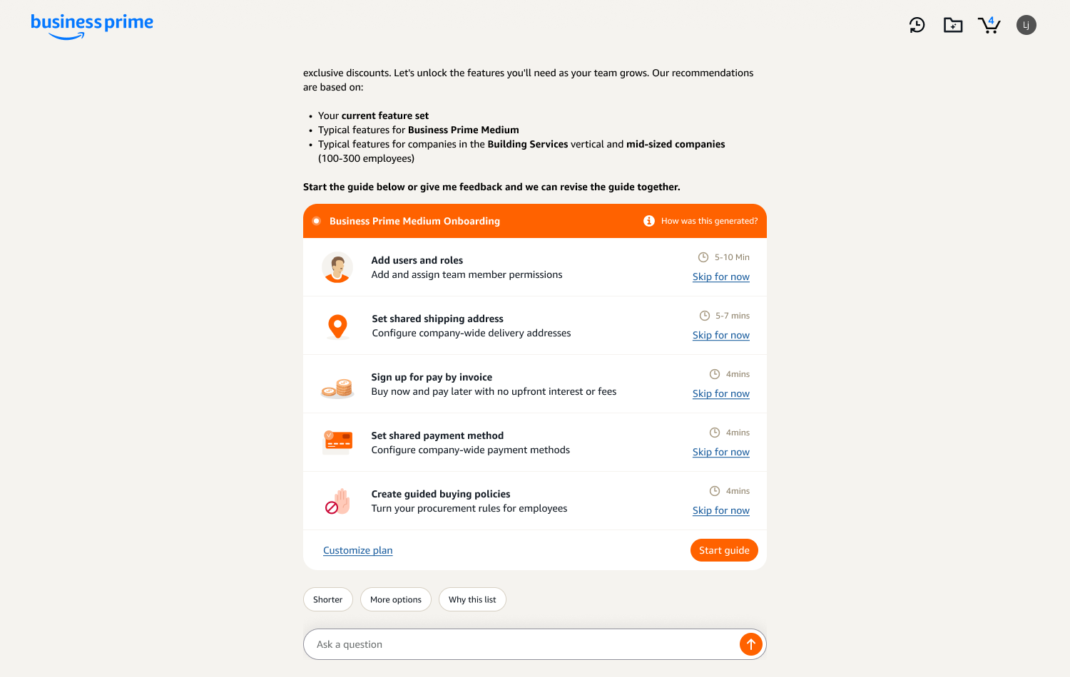 Business Prime guided onboarding UI