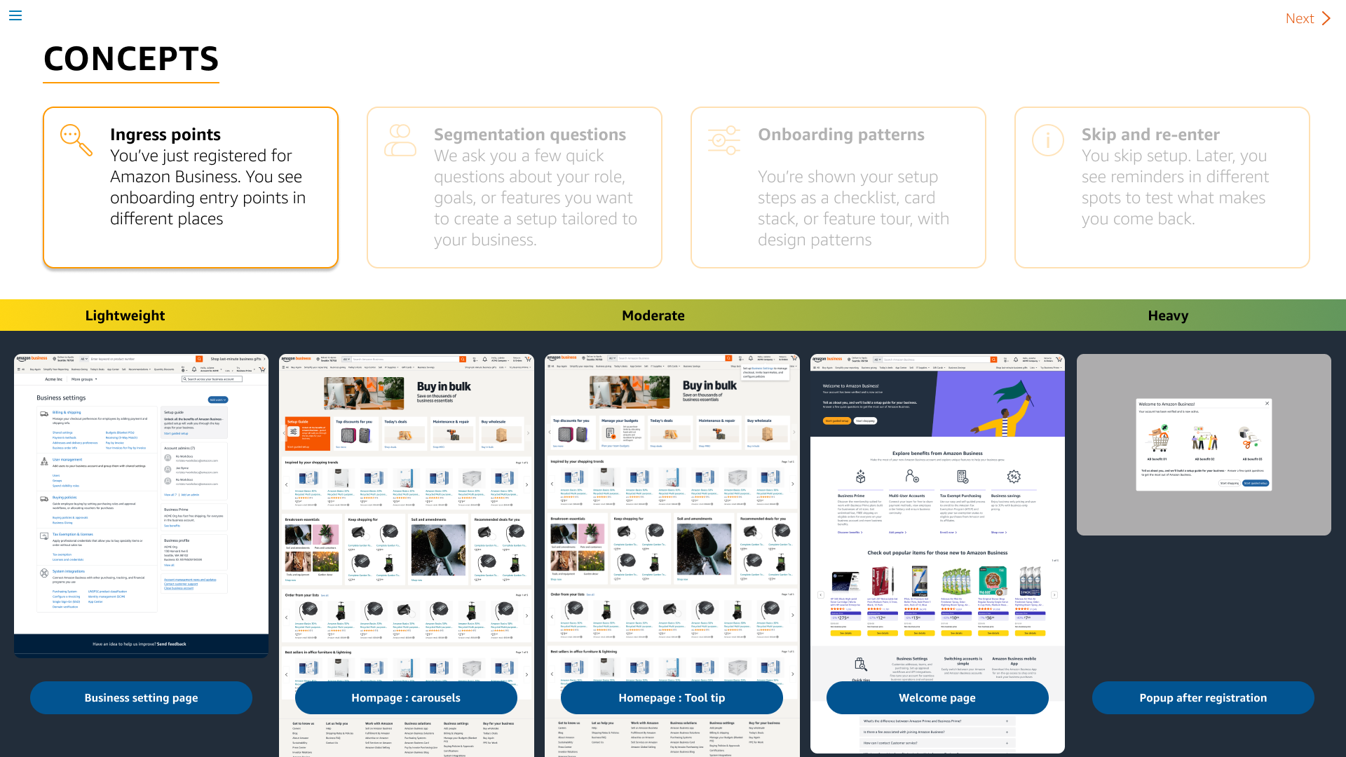 Concept study overview - four onboarding directions across lightweight to heavy UI patterns