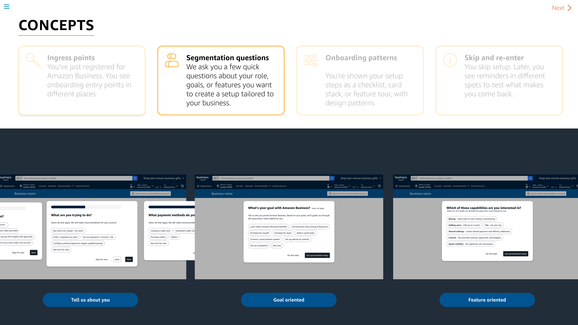 Concept study - segmentation questions, goal- and feature-oriented setup